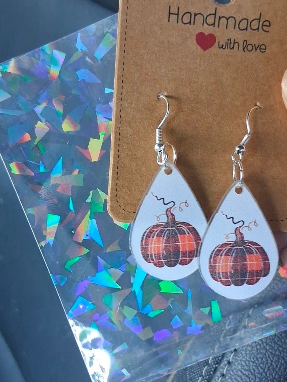 $8 Each Or Bundle 5/$20 Handmade Plaid Pumpkin On White Teardrop Earrings
